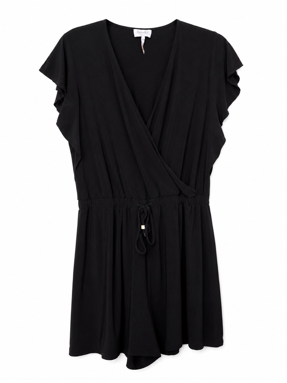 Laundry By Shelli Segal Black Wrap-Front Romper with Flutter Sleeves